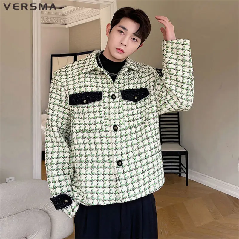 VERSMA Korean Ulzzang Chic Double Pockets French Style Retro Jacket Men Spring Oversized Plaid Cropped Jacket Women Dropshipping