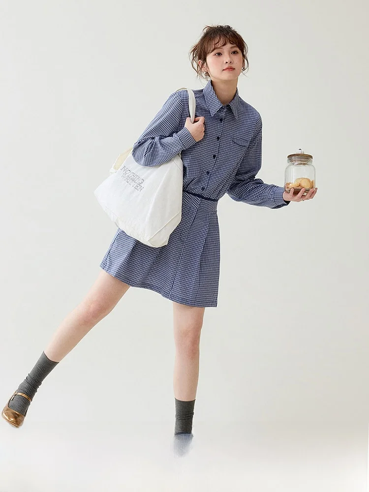 

North Island AMUU Original Shirt Dress Women's Early Spring New Style Pure Cotton Long Sleeve Blue Plaid Wrap Waist Dress