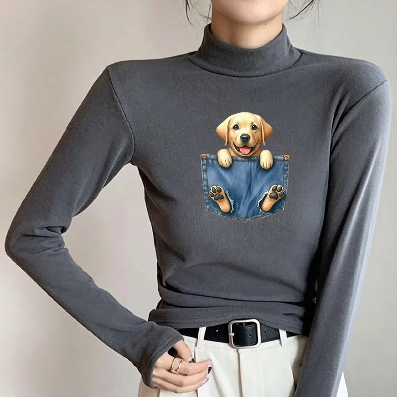 2026 New Autumn Winter Thermal Brushed Fleece Long Sleeve Graphic Print T shirt Blouses Female Warm Shirt Women Top