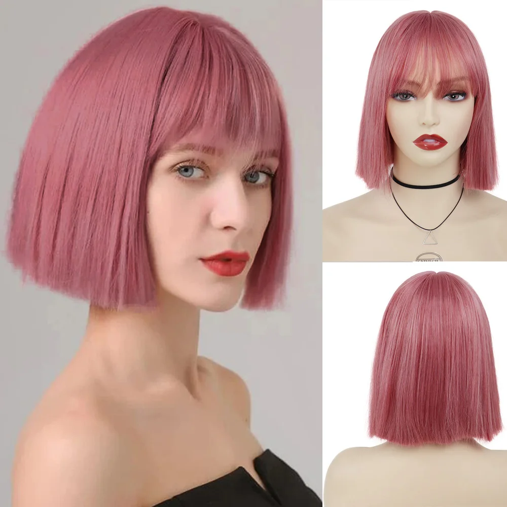 

Short Bob Wigs Synthetic Silky Straight Hair Wig with Bangs for White Women Cosplay Natural Nice Looking Pink Lolita Wigs Girls