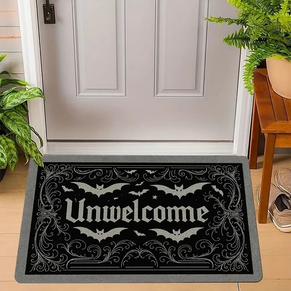 Vintage Gothic Bat Unwelcome Doormat Horror Retro Non Slip Coco Coir Front Door Halloween Outdoor Decor
