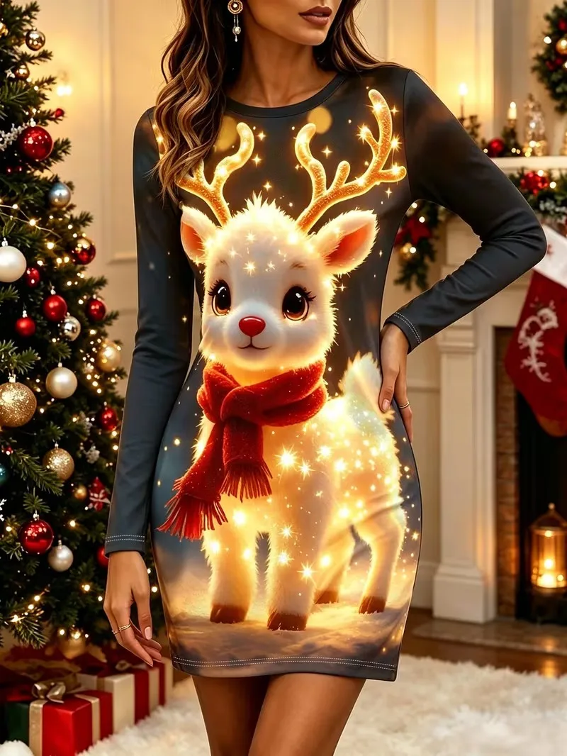 2026 Christmas women's new long sleeved tight fitting dress, 3D printed fashionable and cute party women's clothing