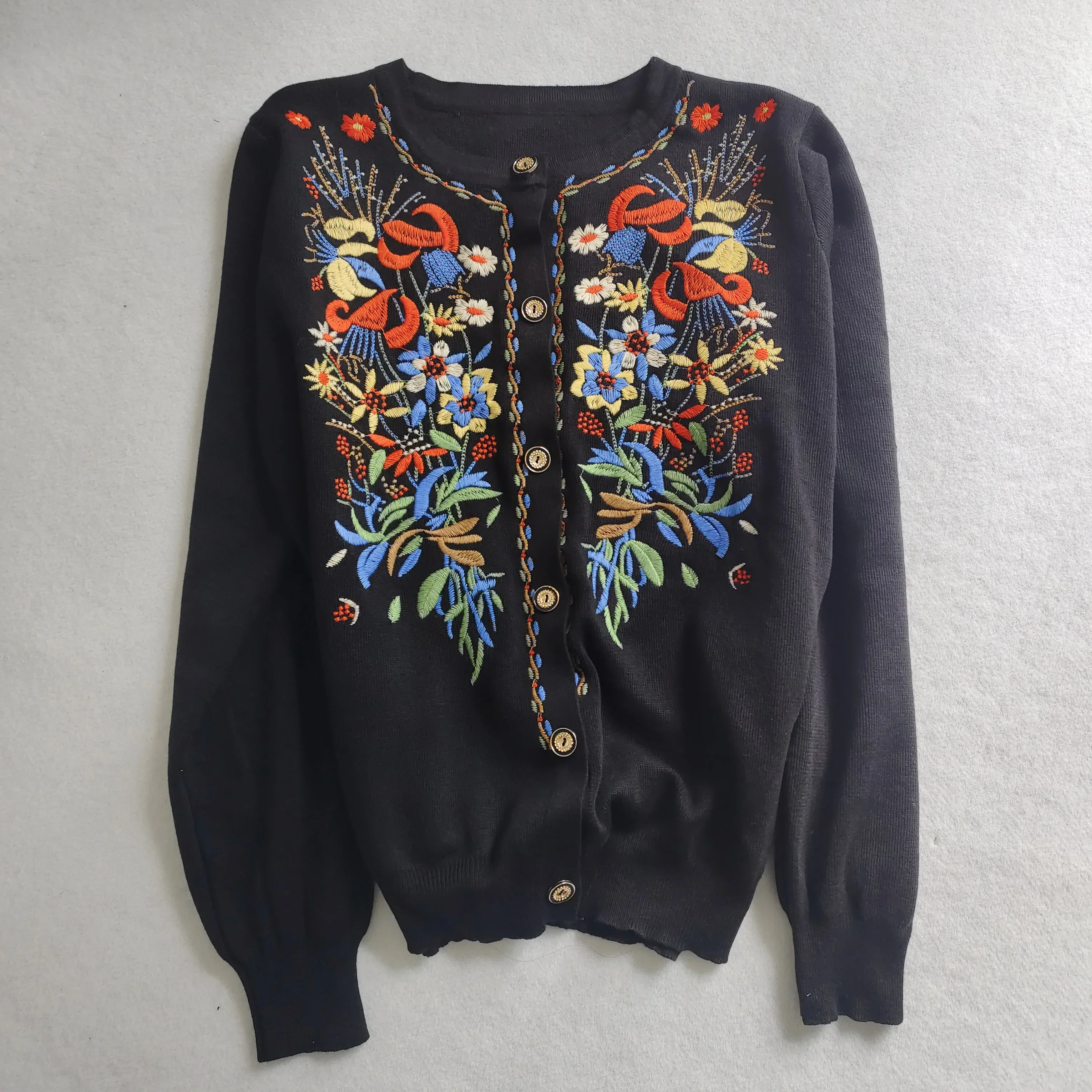Black Ethnic Floral Embroidey Sweaters Cardigan For Women Jackets Vintage Long Sleeve Autumn Knitted Pulls Boho Ladies Outwear