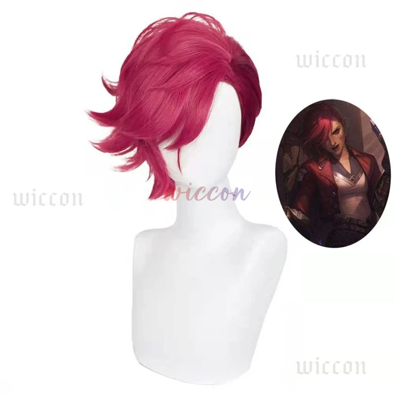 Perruque de Cosplay du Jeu LOL Arcane VI, Postiche de Cheveux Synthétiques Courts, Rose Profond Noir, 30cm, avec Bonnet