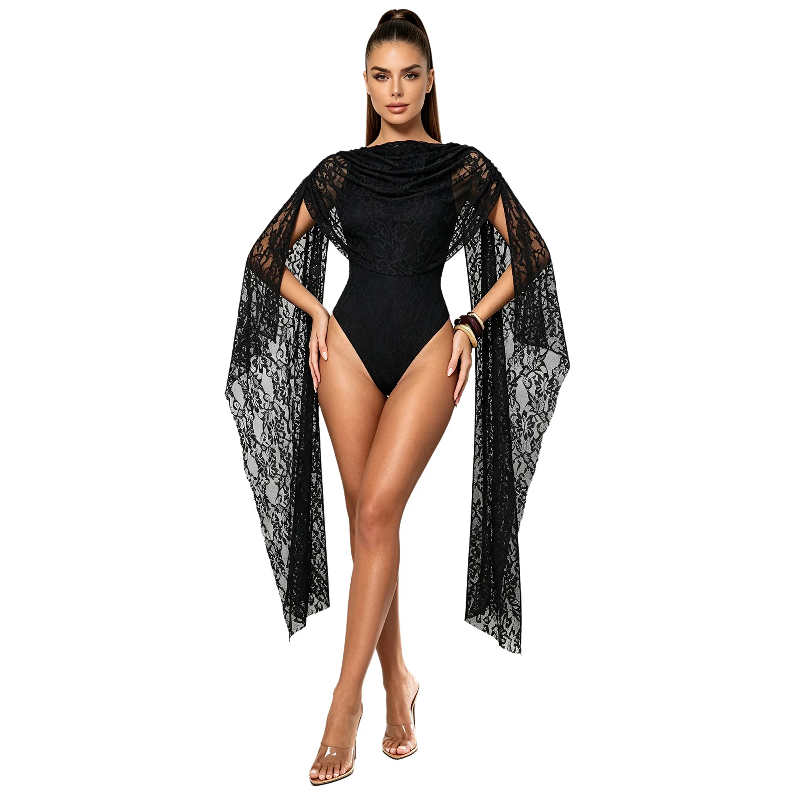 Women's Sexy Floral Lace Bodysuit Tops Fashion Cape Sleeve Overlay Ruffled Backless Slim Jumpsuit Elegant Banquet Party Clubwear