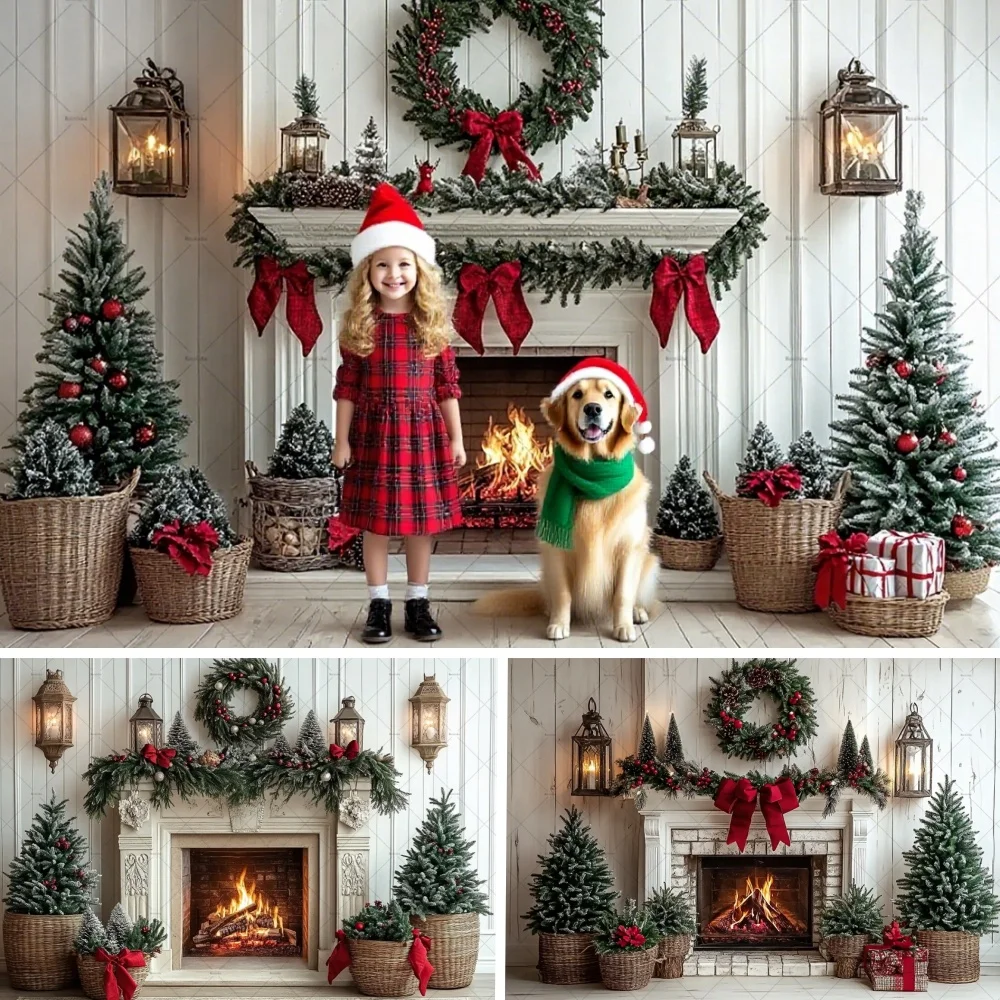 

White Christmas Fireplace Photography Background Xmas Tree Garland Red Bow Lantern Backdrop Winter Indoor Room Family Photozones