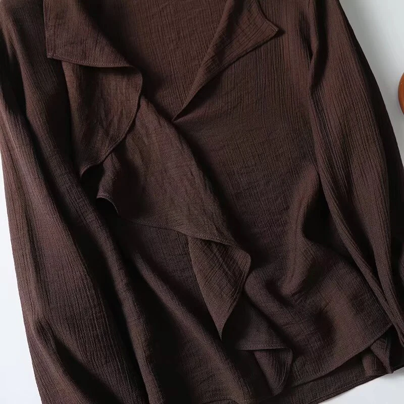 YENKYE Spring 2025 Women Brown Long Sleeve V Neck Ruffle Shirt Office Casual Blouse Blusas Mujer image 5