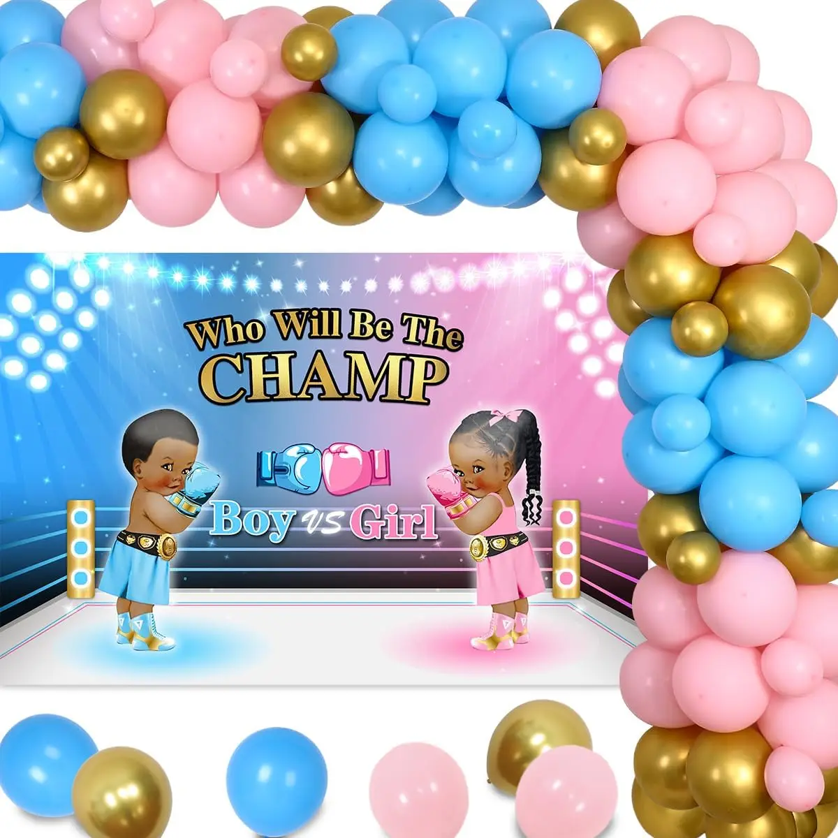 Boxing Theme Gender Reveal Party Decorations Pink Blue Balloons Garland Champion Foil Balloons Boxing Gender Reveal Backdrop