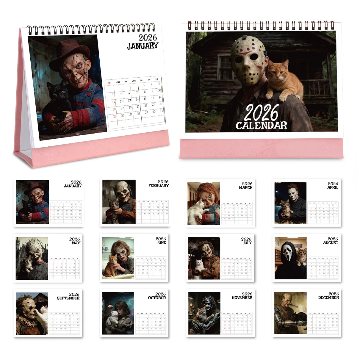 

1PC Eerie Horror Character & Cat-Themed Desktop Calendar for Office & Study Desk Decoration Perfect 2026 New Year Gift