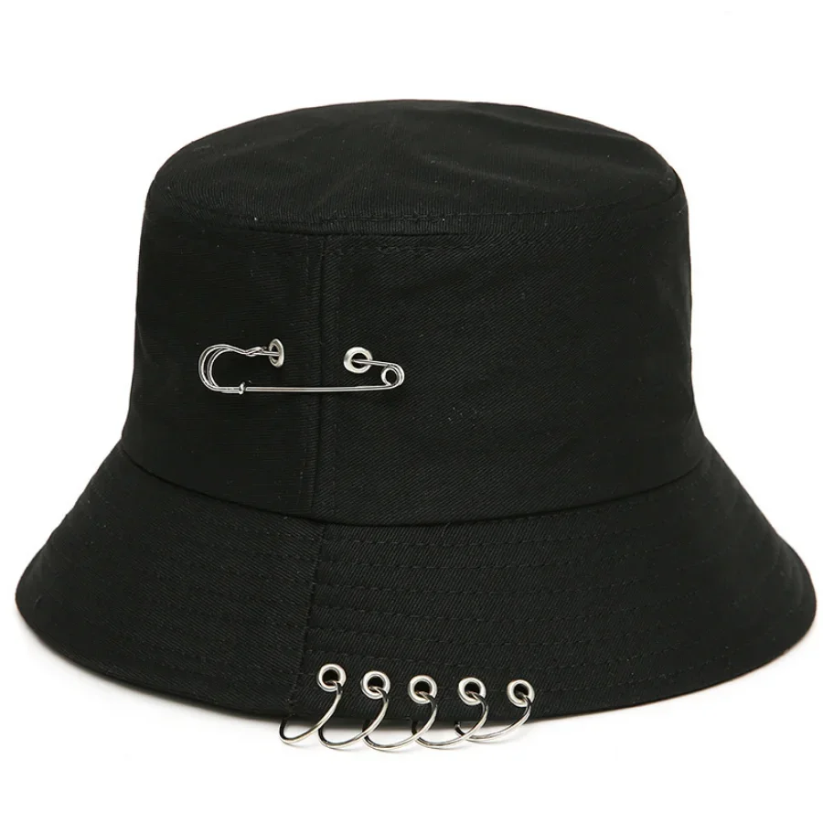 

Bucket Hat for Women Men Teens Fashion Caps Hip Pop Kpop Black White Pink Fisherman Sun Hat Big Metal Pins Rings