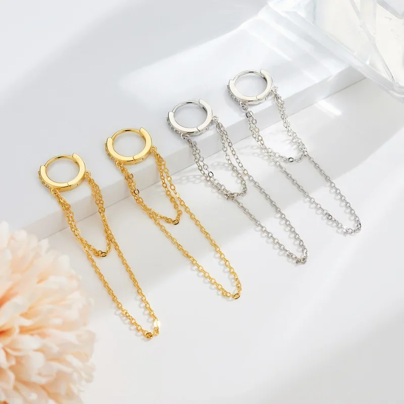 

S925 Sterling Silver Smple Fashion Long Tassel Chain Zircon Earrings For Women Exaggerated Fashion Style Jewelry