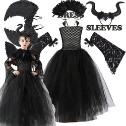 2024 nowy kostium na Halloween Maleficent Maleficent tiulowa sukienka dla dziewczynek Cosplay zła królowa czarna siateczkowa sukienka księżniczki dla dzieci