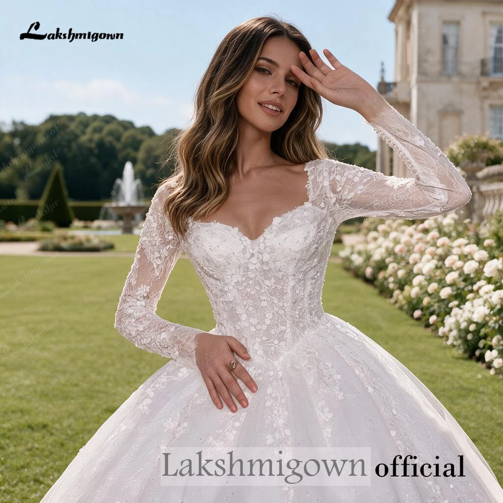 Lakshmigown Brautkleid mit langen Ärmeln, voller Glitzer-Tüll, A-Linie, Spitzenoberteil, Korsett-Rücken, Hofschleppe, maßgeschneidert – Detail 8