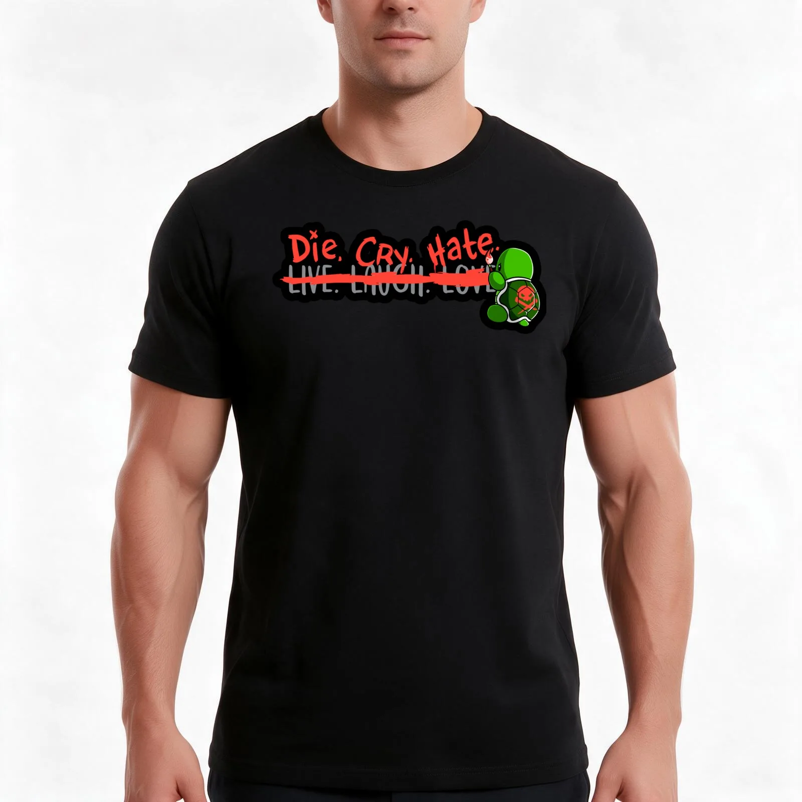 Die Cry Hate Turtle Warrior Cartoon T-Shirt, Summer Casual Cotton Tee, Oversized Streetwear Tops, Vintage Graphic Print