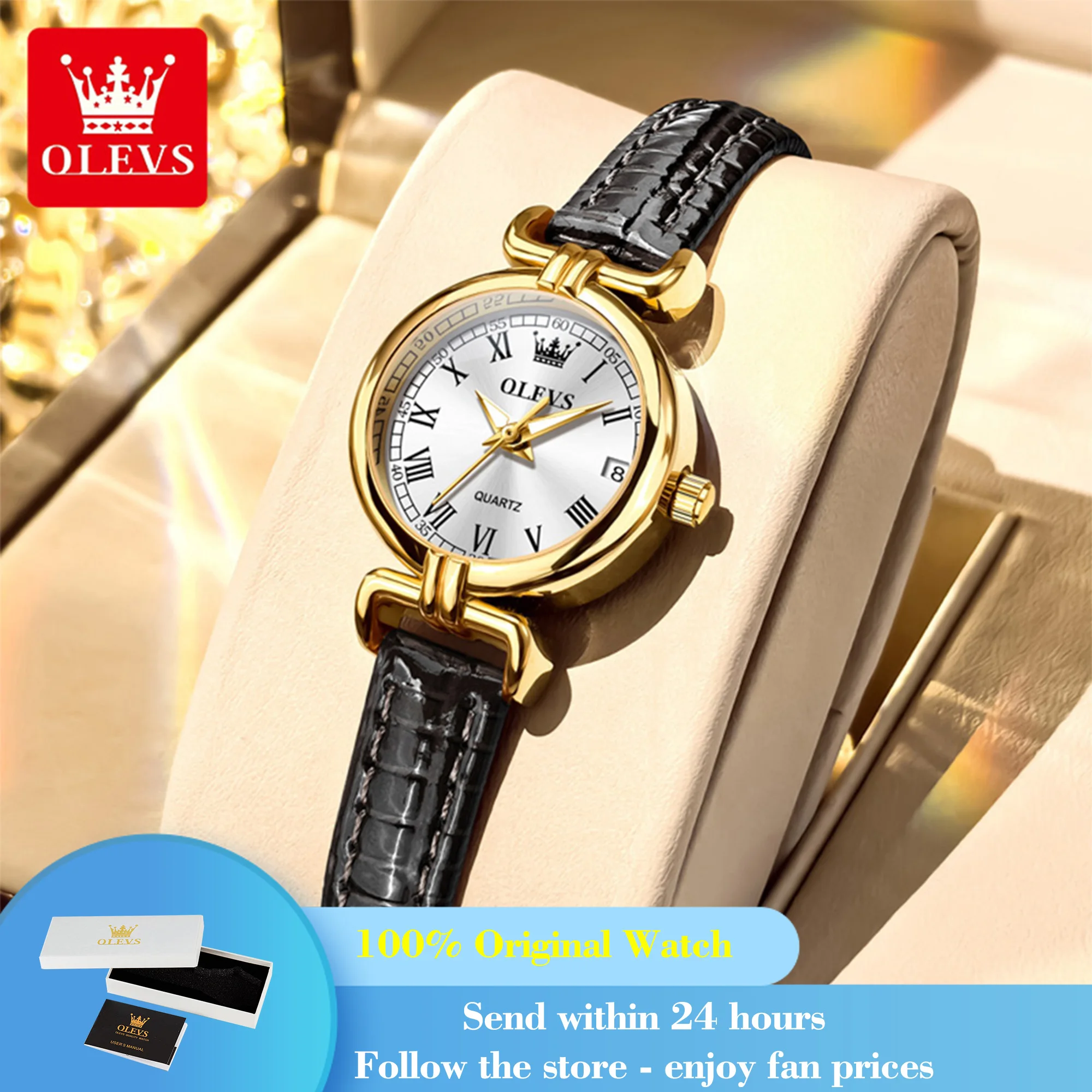 OLEVS 5645 Women's Watch Original Date Quartz Watch For Women Leather Strap Roman Scale Waterproof Elegant Ladies Wristwatch