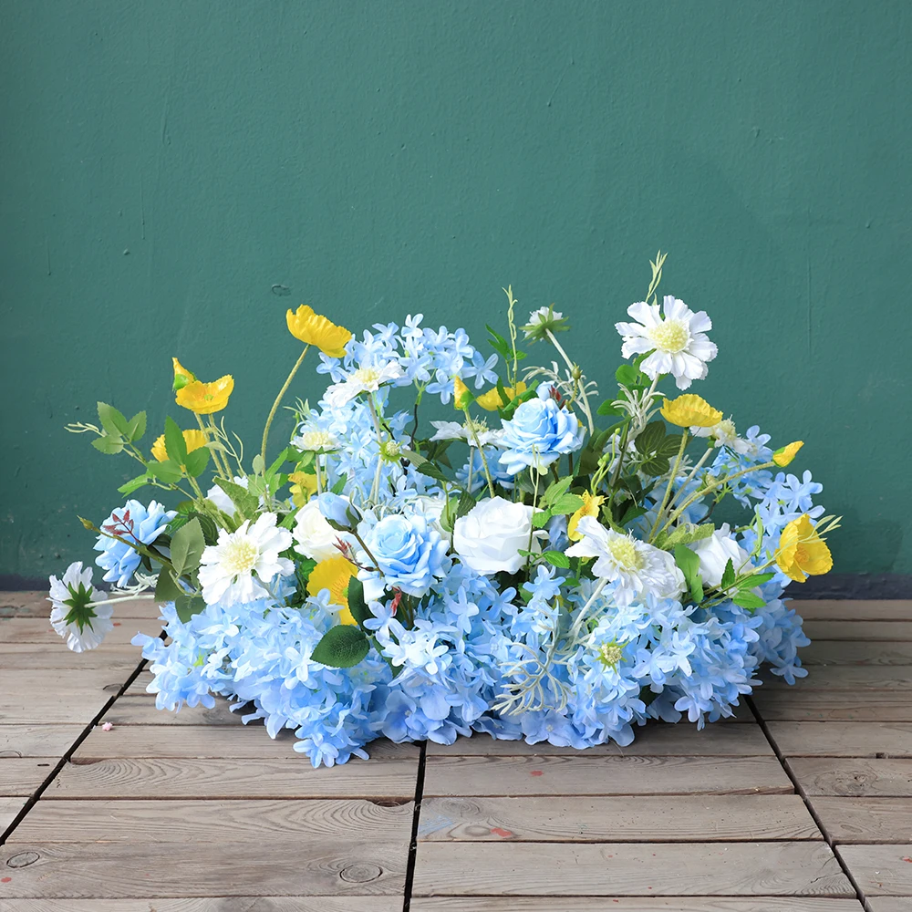 Artificial Flowers Wedding Decoration Custom High Quality Blue Fake Floral Arrangement W2.4ft Rose Wildflowers Runner HY2293