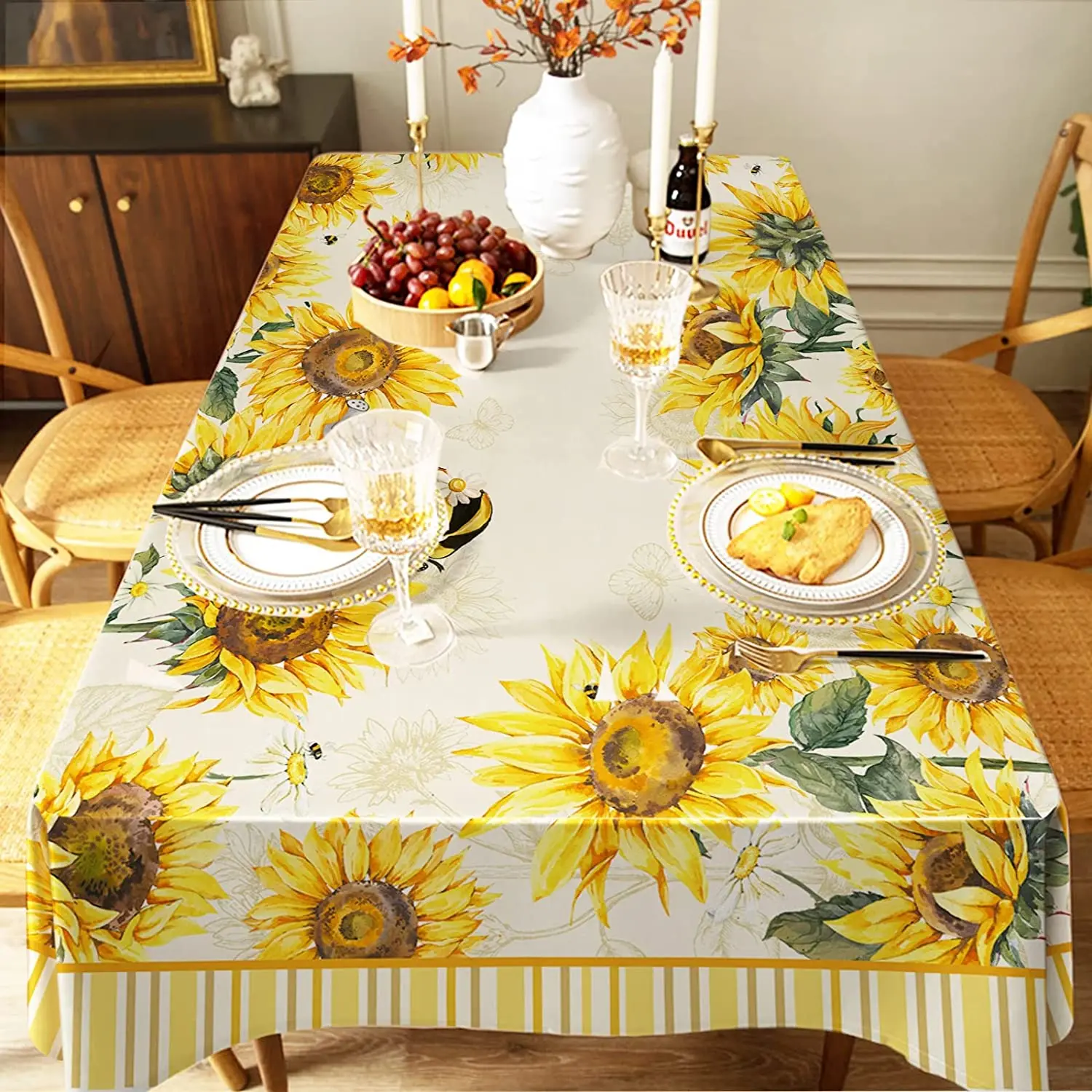 Sunflower Gnome Yellow Vintage Rectangle Tablecloth for Summer Autumn Outdoor Picnic Mat Restaurant Kitchen Accessories скатерть