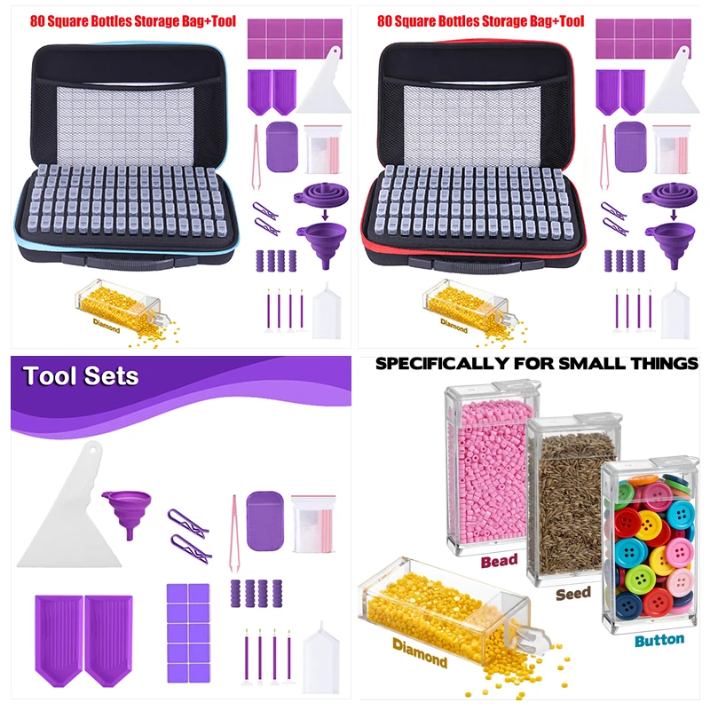 Diamond Painting Storage Containers Kits,Bead Storage Boxes for Diamond Painting Accessories and Tools, 80 Square Bottles Box