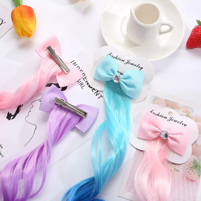 Children\'s Bow Curly Hair Gradient Duckbill Clip Princess Party Colorful Braid Hair Clip Little Girl Performance Hair Accessorie