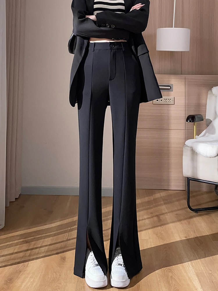 

2024 Women's Spring Autumn New High Waist Casual Trousers Female Solid Color Suit Pants Ladies Loose Split Flare Pants W134