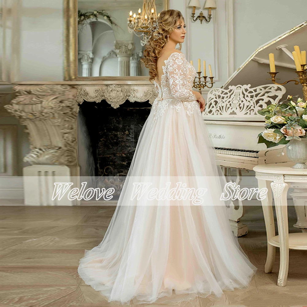 Gaun Pengantin Formal untuk Wanita dengan Lengan Gaun Pernikahan Tulle Antik A Line Korset Panjang Selantai Applique Vestidos De Novia