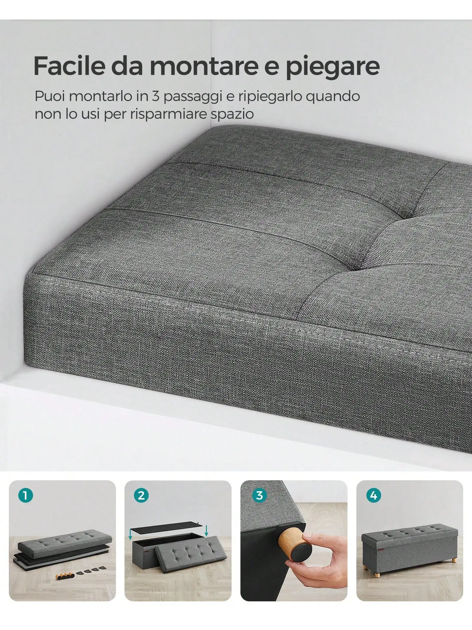 Pouf SONGMICS, scatola portaoggetti, sgabello con poggiapiedi, pieghevole, panca, 38x110x40 cm, per soggiorno e camera da letto