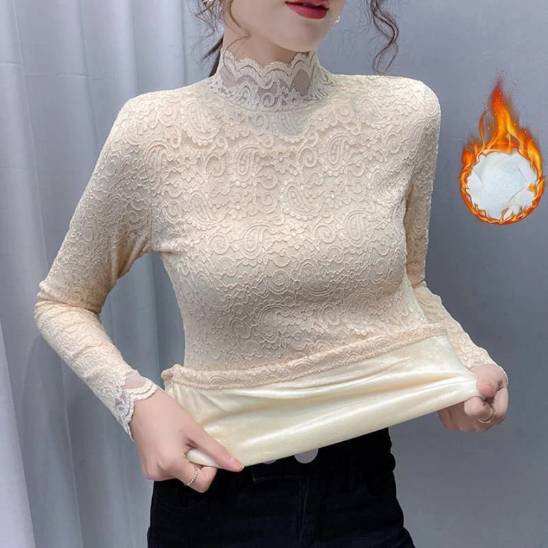 Lace Bottoming Shirt Blouse Women's Autumn Winter New Plus Velvet Thickening /thin Semi-high Collar Inner Tshirt Top image 4