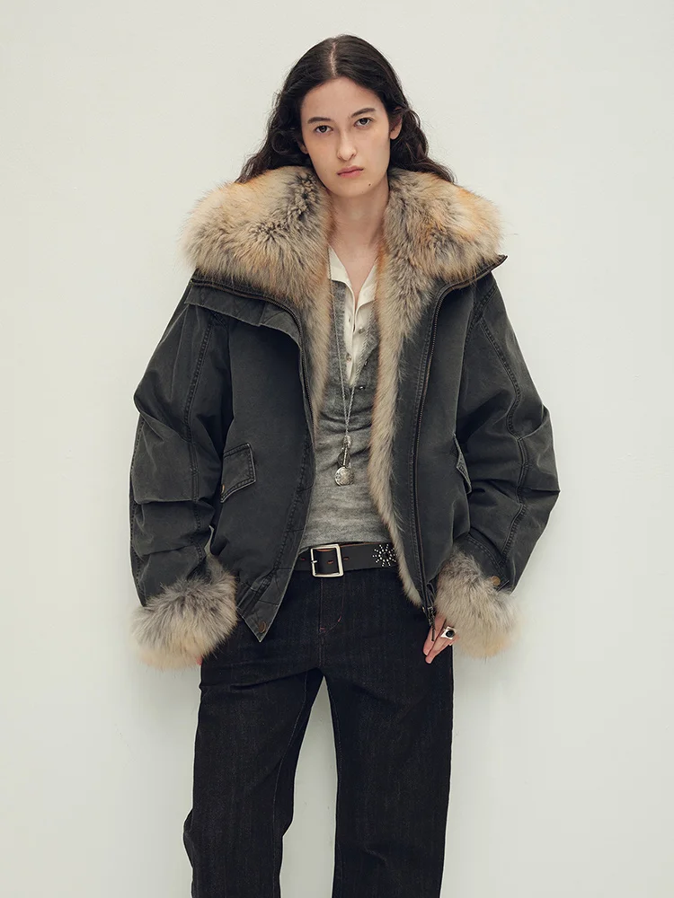 

2025 New Winter Women's Goose Down Jacket Natural Real Fox Fur Collar Coats Luxury Female Denim Jacket Outwear