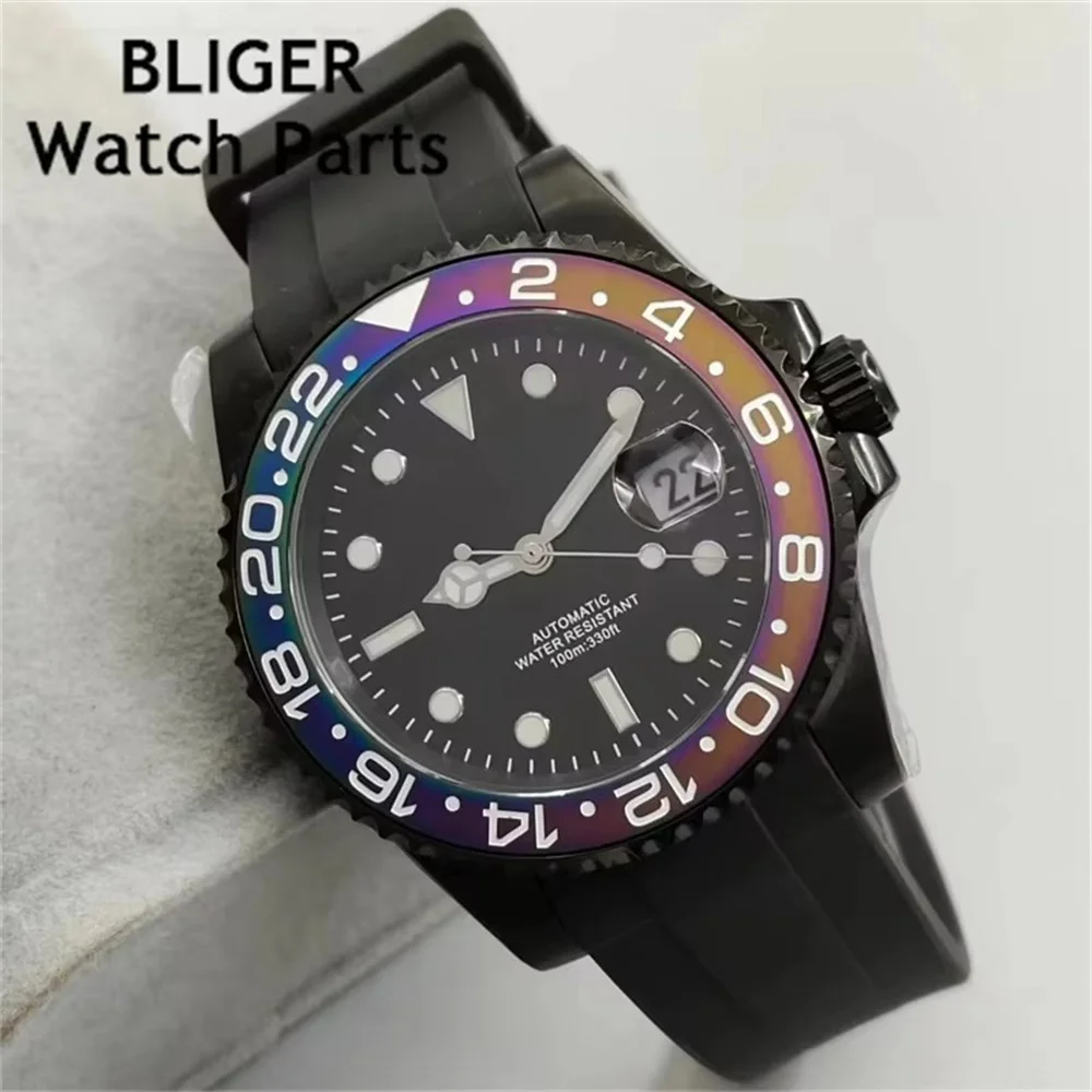 BLIGER 40mm NH35A Automatic Men Watch Black Watch Sapphire Glass Screw Crown Green Luminous Rubber Bracelet