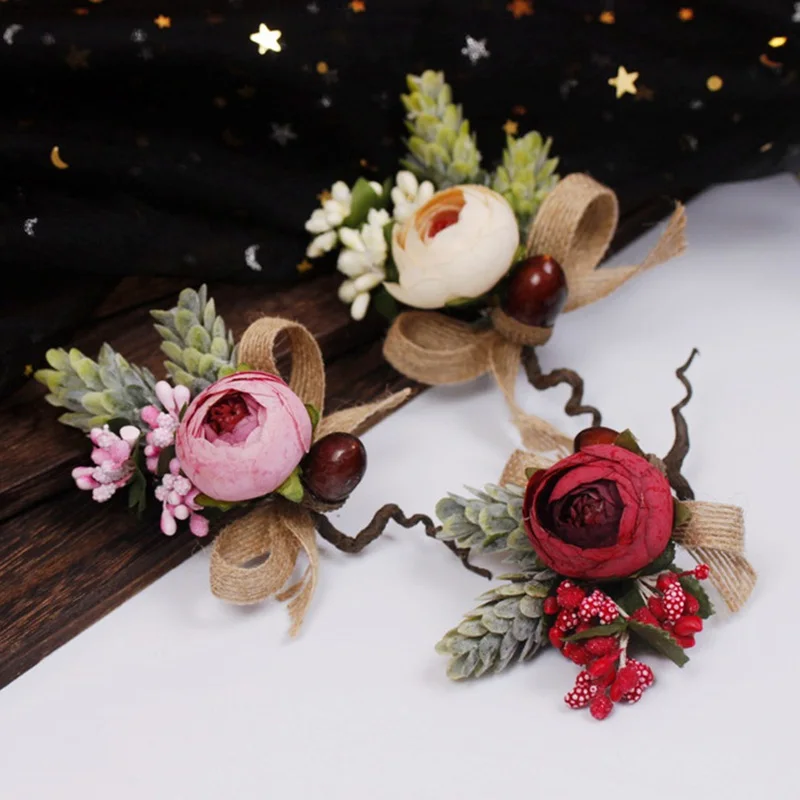 1PC Bride Wrist Corsage Hand Flower Linen Rope Boutonniere Party Wedding Accessories Performance Photo Props Decoration