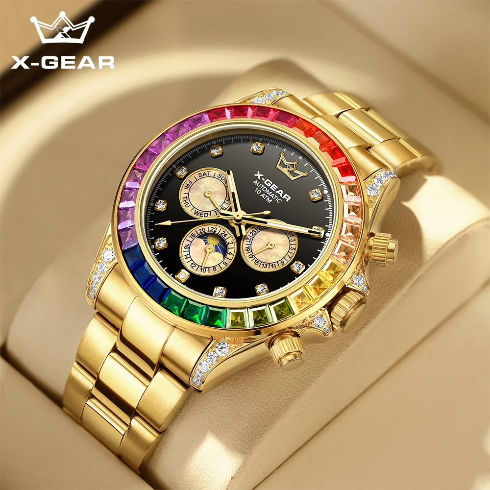 

X-GEAR Luxury Men's Watch Rainbow Gemstone Bezel Business LuxuryWaterproof Mechanical Movement Watches reloj hombre