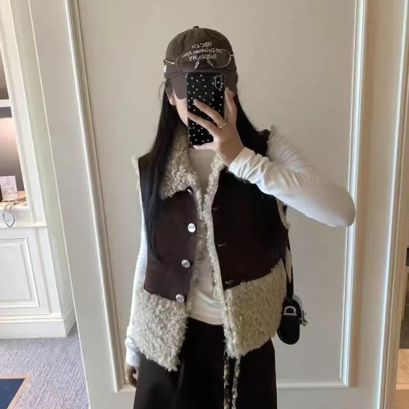 Women Lapel Suede Patchwork Fleece Vest Single Button Sleeveless Gilet Loose Autumn Winter Warm Vintage Casual Coats Outerwear