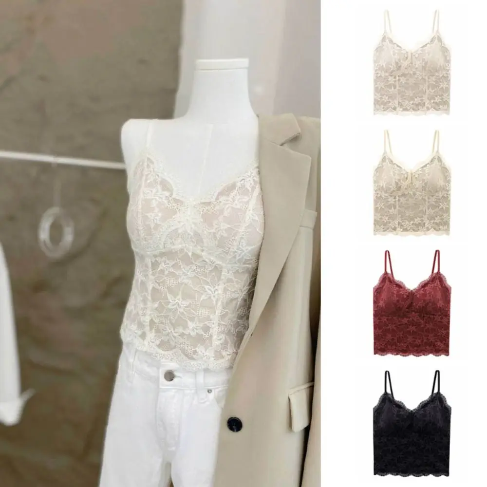 Mesh Flower Slim Lace Crop Top Sweet Summer Girl's Vest Top Spicy Girls Style Bottoming Shirt Camisole with Pads Lady