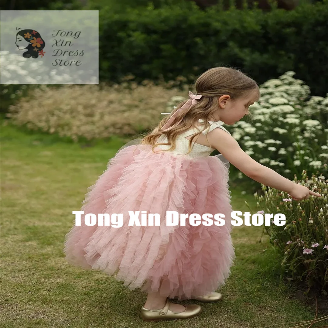 Pink Tulle Flower Girl Dresses For Wedding Spaghetti Strap Ankle Length Princess Gown Puffy Tutu Toddlers Birthday Party Dress