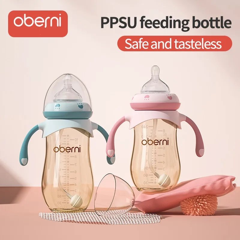 Oberni PPSU Anti Colic baby milk bottle breast-like feeding bottle with handle straw bottles for babies boy and girl