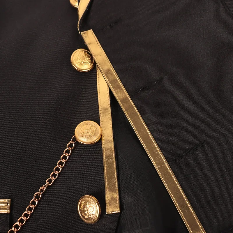 Herren-Satinweste in Schwarz mit Goldbesatz und Kette, elegante, figurbetonte Weste für Smoking, geeignet für Hochzeiten, Partys, Abschlussbälle und Bankette. – Detail 14