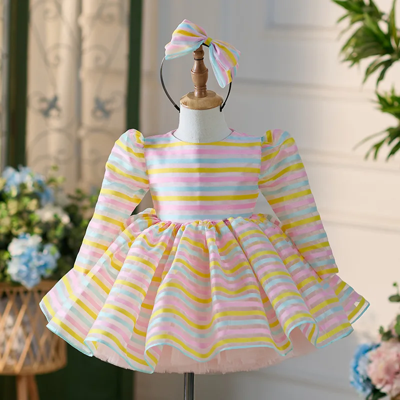 Light luxury long sleeve rainbow tulle baby dress, first birthday dress dress suitable for a variety of special occasions high-e