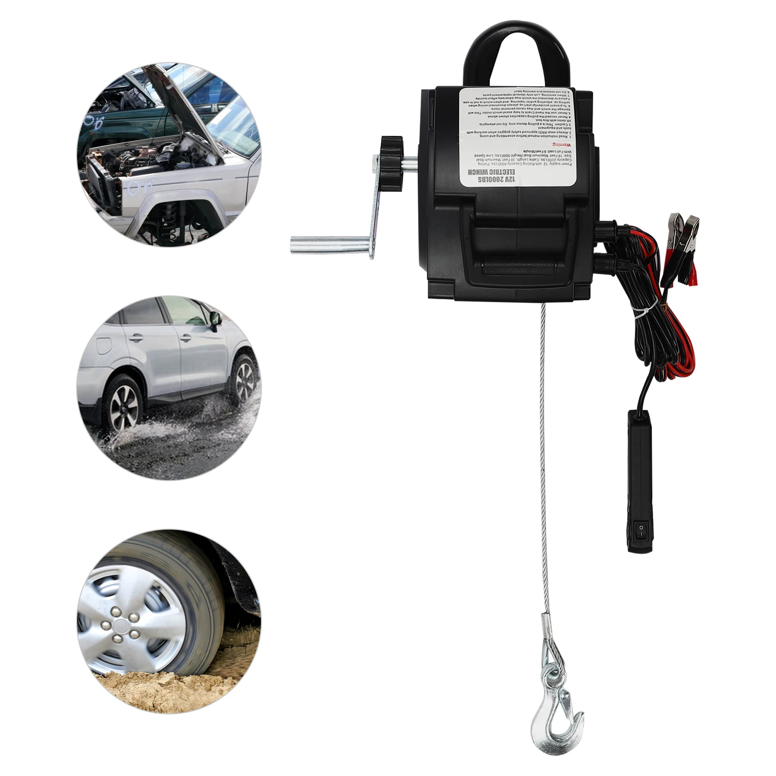 300W 12V Electric Winch Dual Control Modes Towing Tool 2000lbs Rated Pull Force Rescue Traction Tool