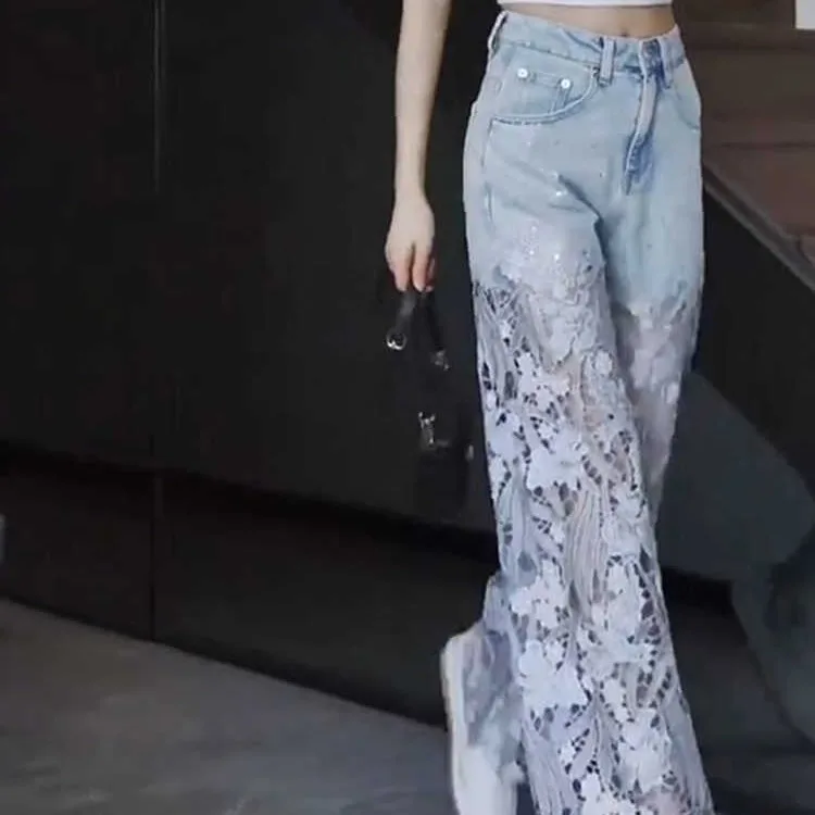 Kant patchwork jeans met rechte pijpen dames zomer kleine maat denim broek blauwe lange broek lente seizoen dames premium faion