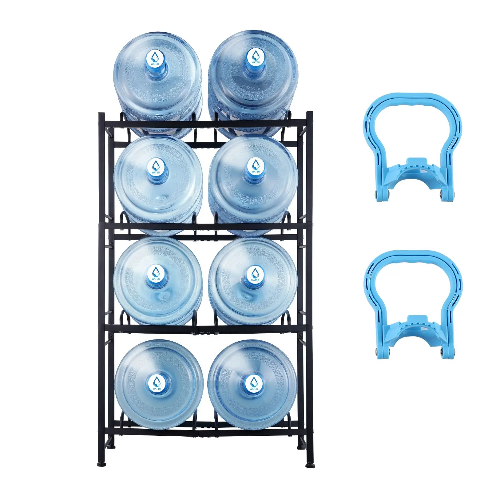 4 Tiers Water Jug Holder, 5 Gallon Bottle, Double Row Rack for 8, Heavy Duty Kitchen, Office, Living Room, Black