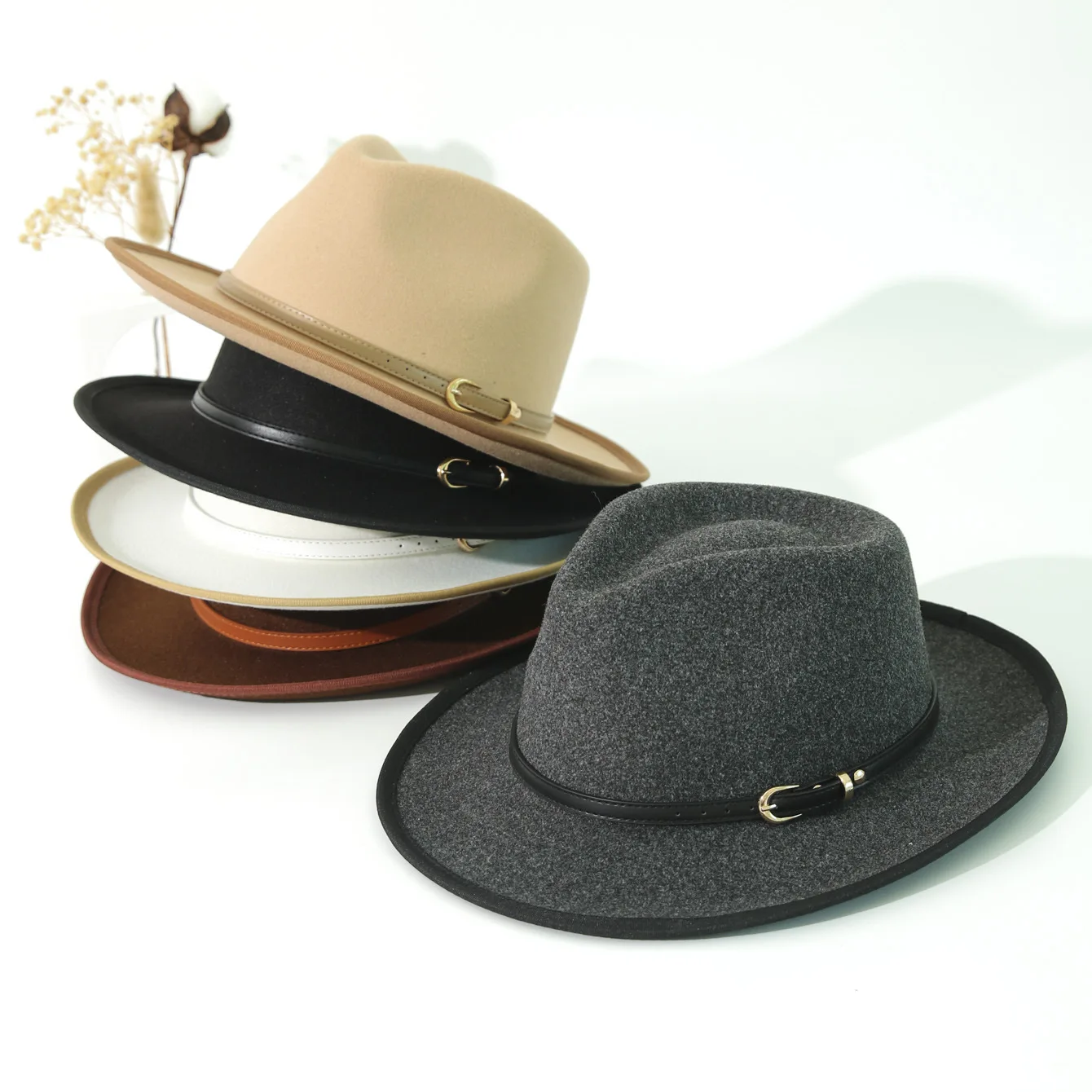 Wool Felt Jazz Fedora with Belt for Men Women, Cross Border Bound Edge Cowboy Hat