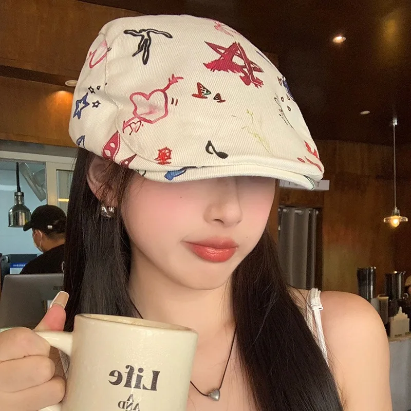 

Korean Version Graffiti Retro Literary Forward Hat Women's Spring Summer Sunshade Cute Printing Fashion Versatile Duckbill Beret