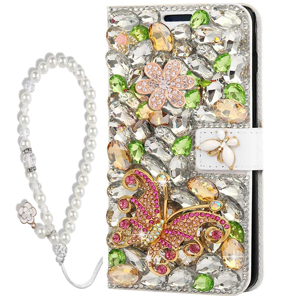 Butterfly Jewelled Diamond Leather Case for XIAOMI POCO X4 Pro 5G Flip Wallet with Card Book Phone bag with Pearl Lanyard