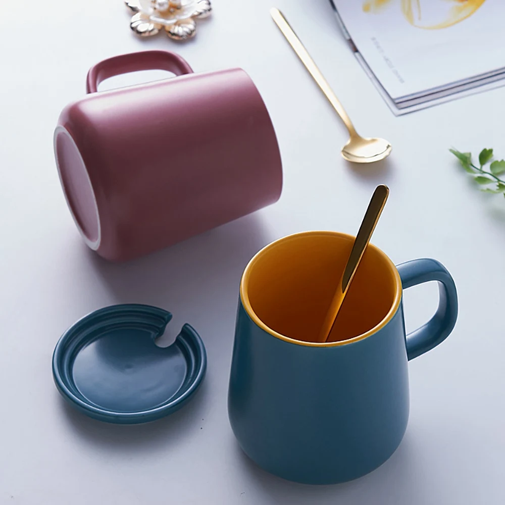 ABUH- Mugs With Cover And Spoon Light Creative Coffee Mug Contrast Colors Cup Perfect Gifts For Friends Birthday