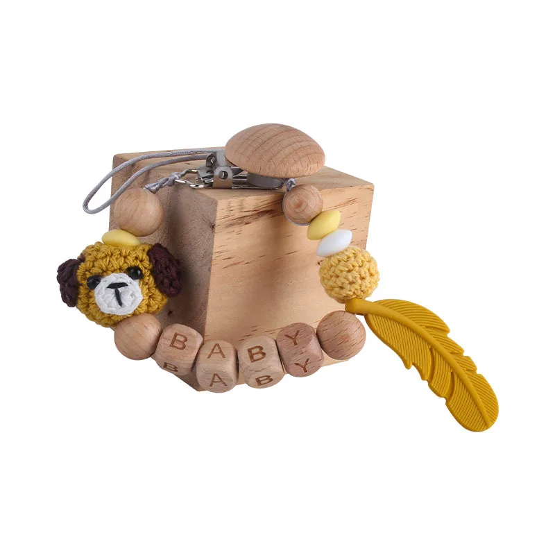 Cadena de chupete con nombre personalizado para bebé, cadena de ganchillo, Rana, oso, perro, cuentas, Clips de madera, mordedor, varilla pequeña, pinzas para chupete para niños