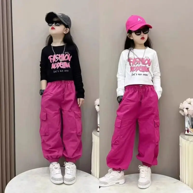 2026 summer girls Clothes Children set Suit Teenager slim letters short sleeve crop top t-shirt + cargo pants 4 8 10 11 12 year