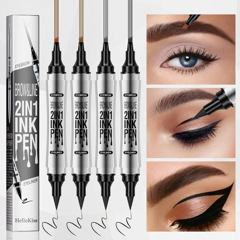 2-in-1 4-Prong Eyebrow Pencil & Eyeliner Pen - Quick-Dry Waterproof, Smudge-Proof Brow & Eye Makeup Tool 2 Color Tube Choose