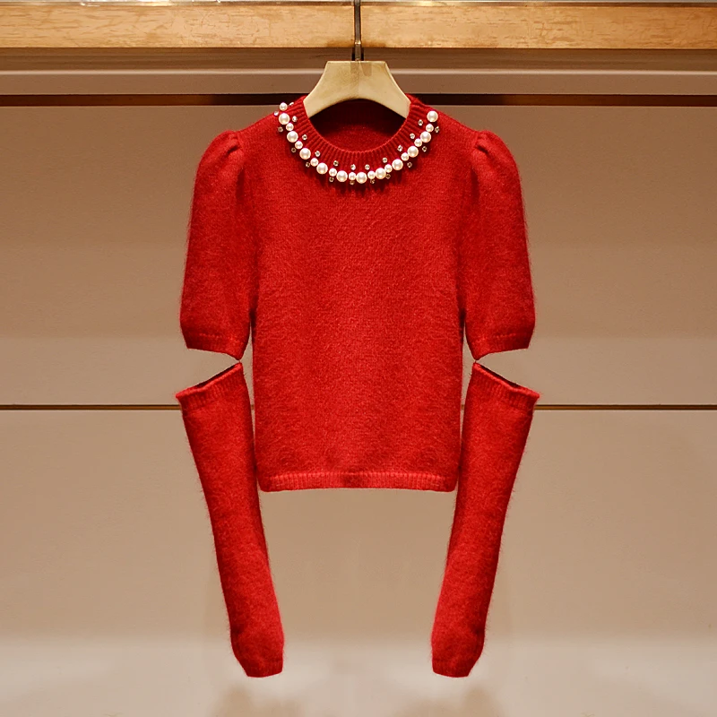 

Красный круглый вязаный свитер с вышивкой бисером, женский, модный, нежный, на удачу в Год Кролика, маленький размер, бренд JOOva