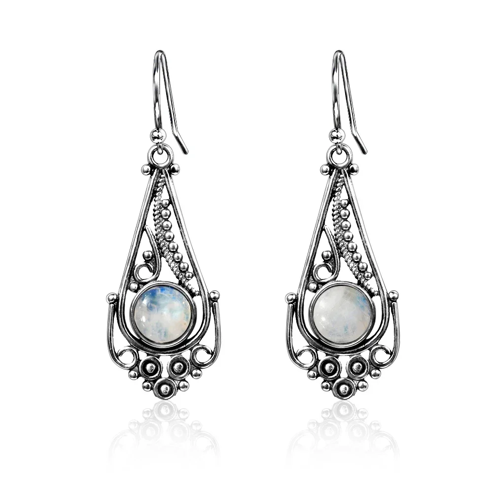 Vintage Earrings Round 7MM Natural Moonstone Earrings 925 Sterling Silver Drop Earrings for Women Fashion Wedding Party Jewelry