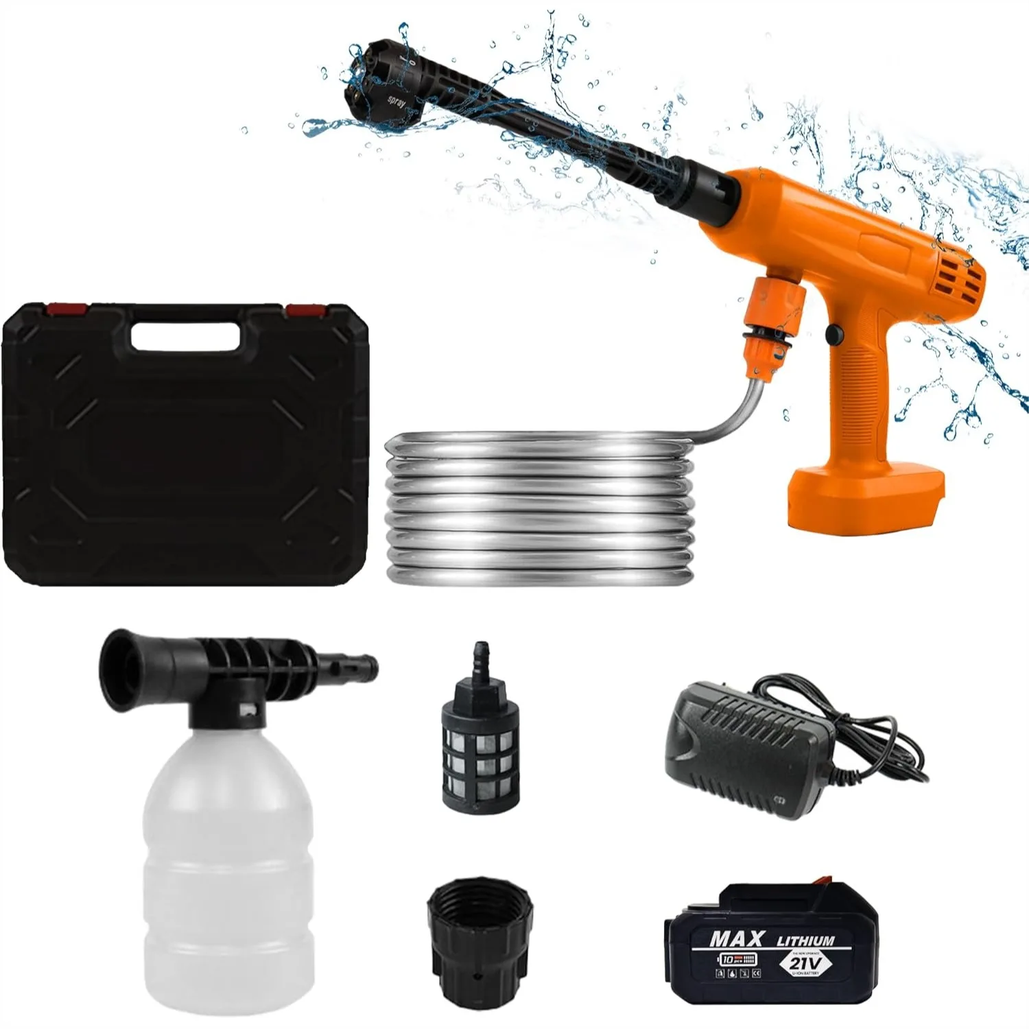 

Cordless Pressure Washer, 1200PSI Portable with 4Ah Battery & Charger, 6-in-1 Nozzle, 5M Hose for Cars/Yard/Home